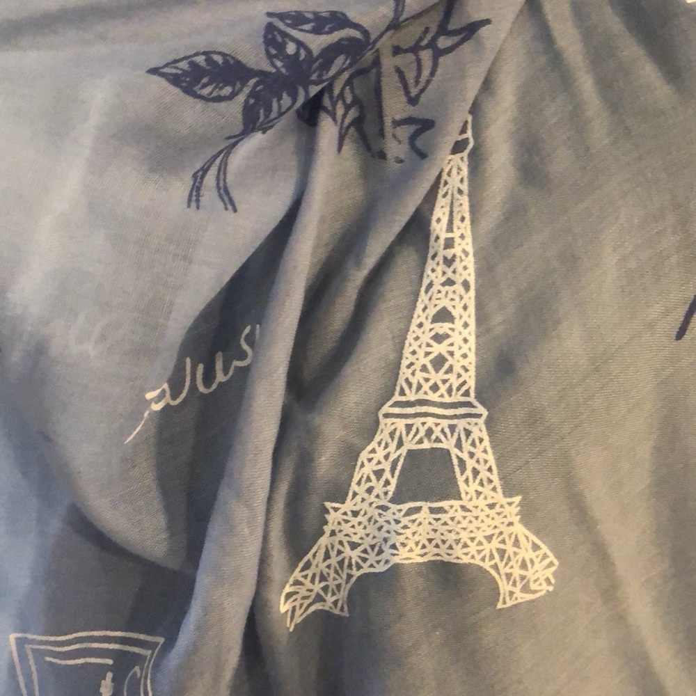 LARGE PARIS THEMED FRINGED SCARF COTTAGE BLUE WITH WHITE PRINT - Picture 8 of 16